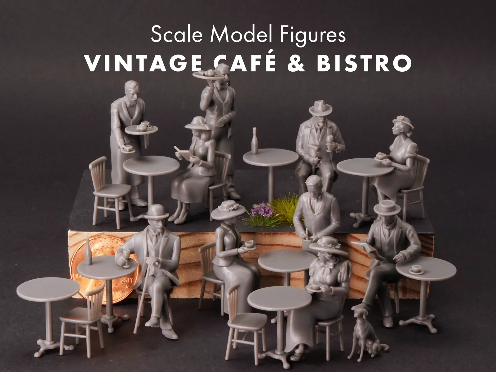 Unpainted 1:48 scale miniature cafe patrons, waiter, tables, chairs, and a dog.